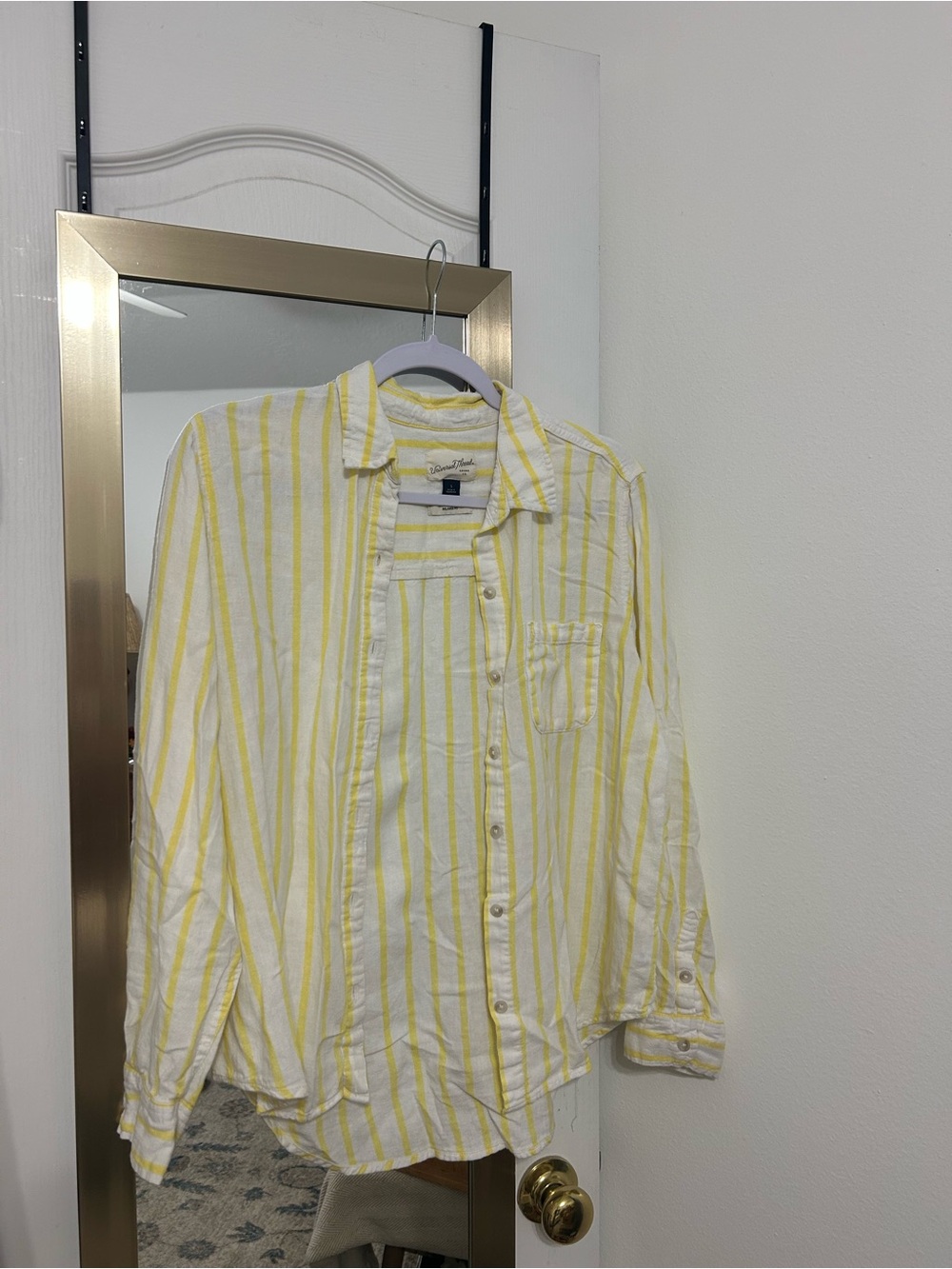 Universal Thread Yellow & White Striped Button-Up Linen Shirt
